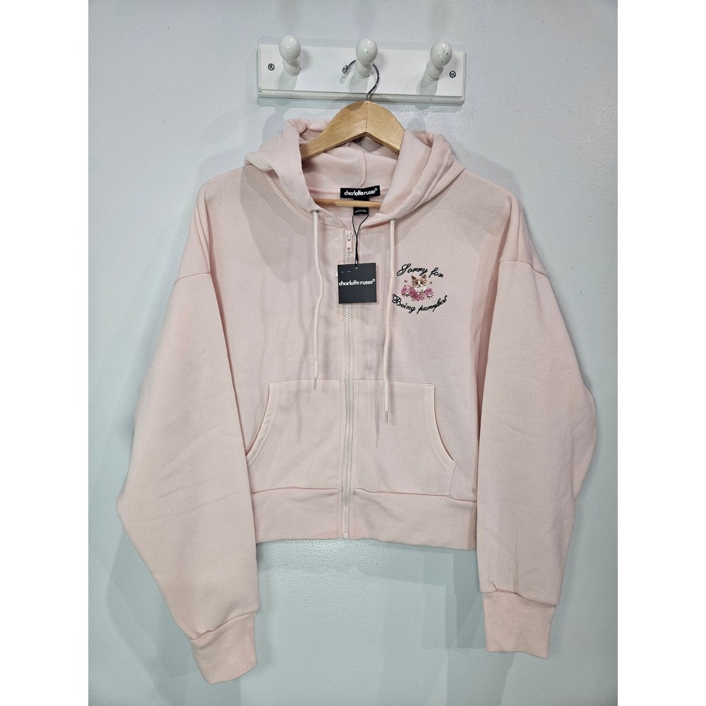 Charlotte Russe Pink Cat Graphic Cropped Zip Up Hoodie Large NWT Purrfect